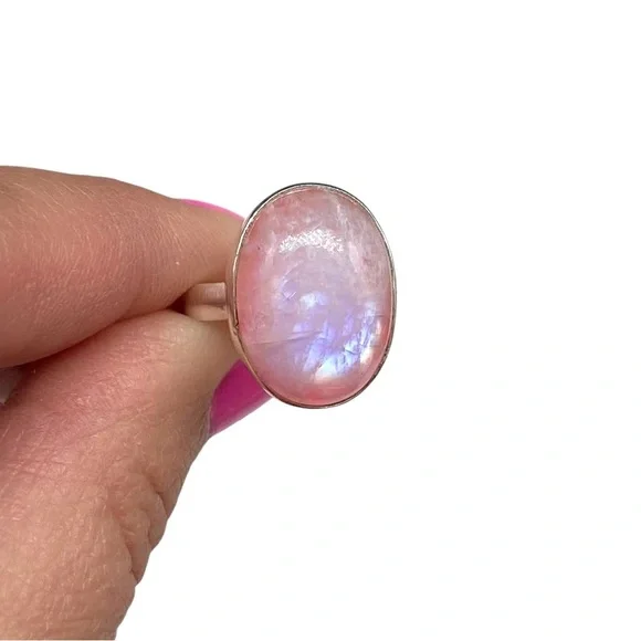 Pink Flash Rainbow Moonstone Ring Size 7 Solid 925 Sterling Silver